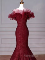 Sparkly Mermaid Burgundy Sequin Long Formal Prom Dresses Party Dresses