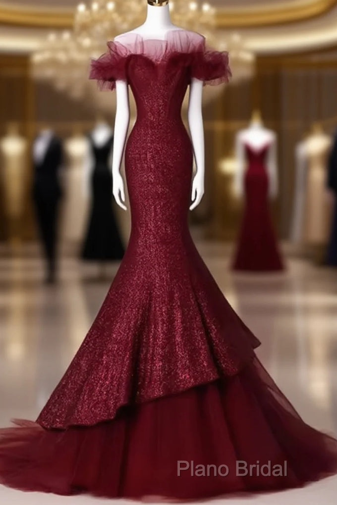 Sparkly Mermaid Burgundy Sequin Long Formal Prom Dresses Party Dresses Main image