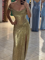 Sparkly Mermaid Off The Shoulder Blue Sequin Long Slit Formal Evening Party Gowns Formal Evening Dresses Special Formal Dresses Formal Prom Dresses