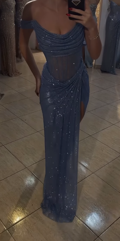 Sparkly Mermaid Off The Shoulder Blue Sequin Long Slit Formal Evening Party Gowns Formal Evening Dresses Special Formal Dresses Formal Prom Dresses