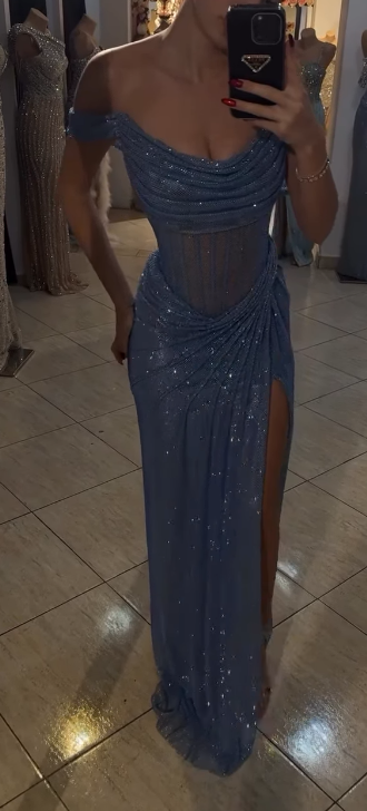 Sparkly Mermaid Off The Shoulder Blue Sequin Long Slit Formal Evening Party Gowns Formal Evening Dresses Special Formal Dresses Formal Prom Dresses