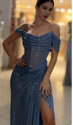 Sparkly Mermaid Off The Shoulder Blue Sequin Long Slit Formal Evening Party Gowns Formal Evening Dresses Special Formal Dresses Formal Prom Dresses