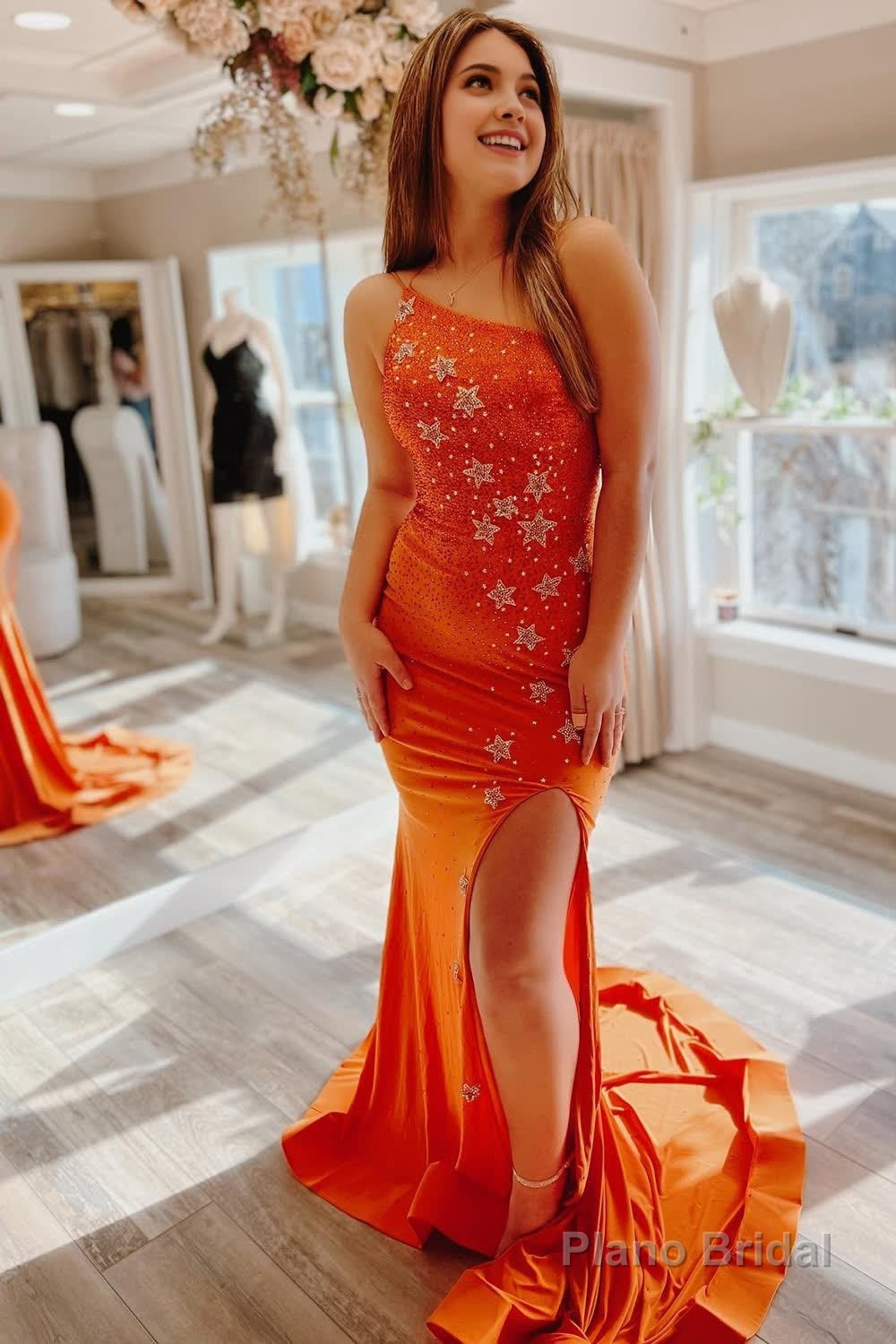 Sparkly Mermaid One Shoulder Orange Long Prom Dress with Star Appliques Main image