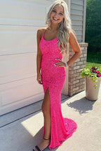 Sparkly Mermaid Sequined Sleeveless Long Formal Prom Dresses With Slit, Long Formal Gown