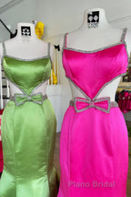 Mermaid Formal Prom Dresses Spaghetti Straps Long Evening Dresses with Bow
