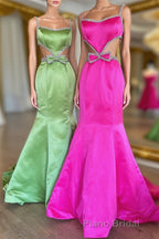 Mermaid Formal Prom Dresses Spaghetti Straps Long Evening Dresses with Bow