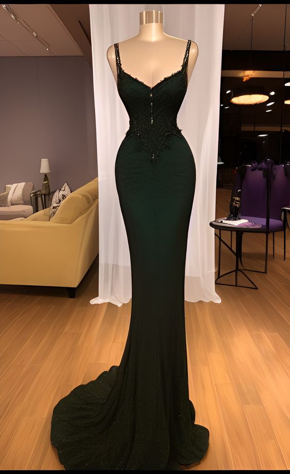 Sparkly Mermaid Spaghetti Straps Sleeveless Sequin Dark Green Formal Prom Dresses Long Formal Prom Dresses Main image