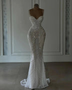 Sparkly Mermaid Spaghetti Straps White Sequin Beaded Wedding Dresses Long Bridal Gown Wedding Dresses
