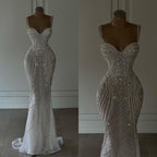 Sparkly Mermaid Spaghetti Straps White Sequin Beaded Wedding Dresses Long Bridal Gown Wedding Dresses
