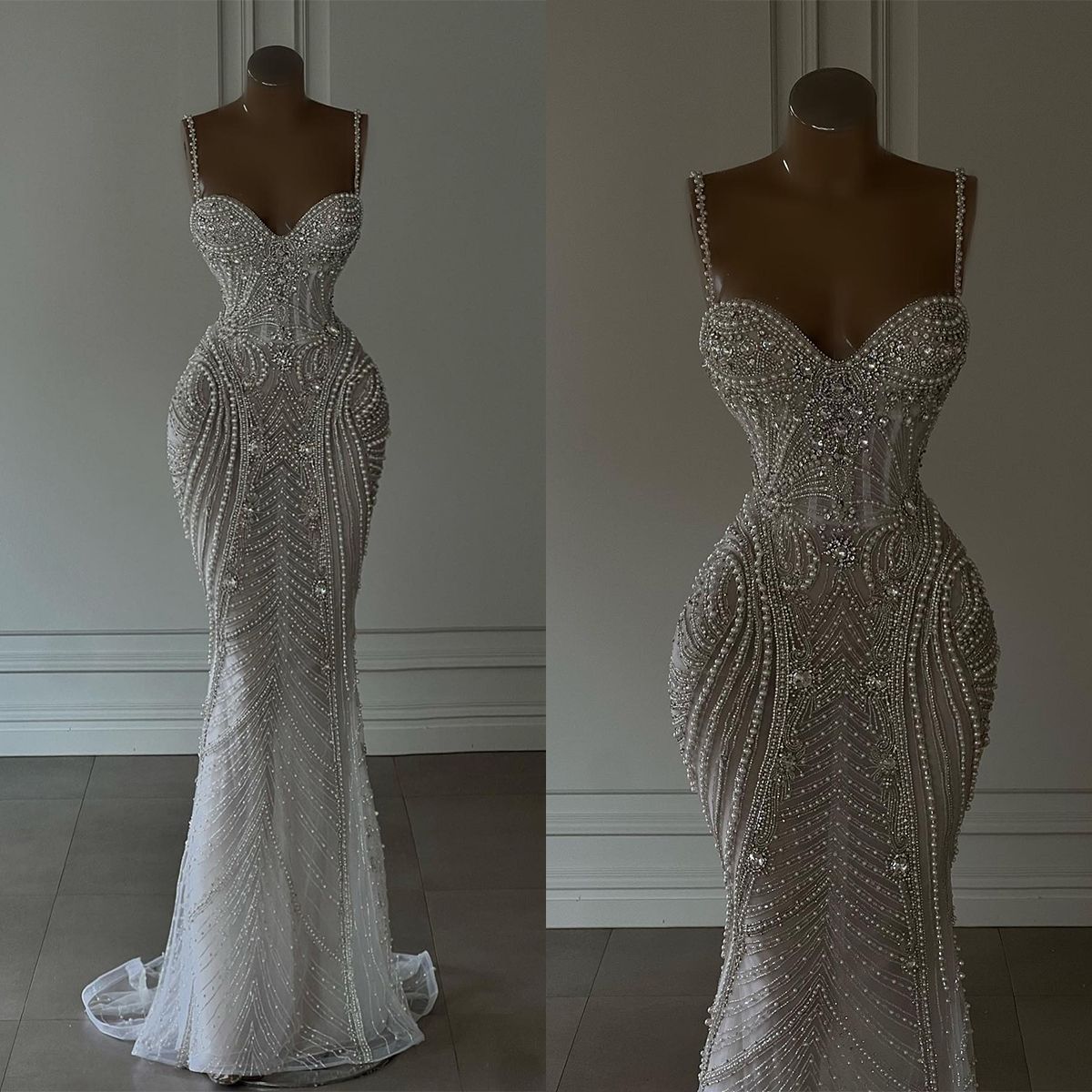Sparkly Mermaid Spaghetti Straps White Sequin Beaded Wedding Dresses Long Bridal Gown Wedding Dresses