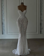 Sparkly Mermaid Spaghetti Straps White Sequin Beaded Wedding Dresses Long Bridal Gown Wedding Dresses