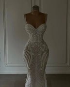 Sparkly Mermaid Spaghetti Straps White Sequin Beaded Wedding Dresses Long Bridal Gown Wedding Dresses