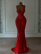 Sparkly Mermaid Spaghetti Straps White Sequin Beaded Wedding Dresses Long Bridal Gown Wedding Dresses