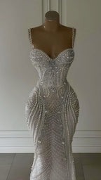Sparkly Mermaid Spaghetti Straps White Sequin Beaded Wedding Dresses Long Bridal Gown Wedding Dresses