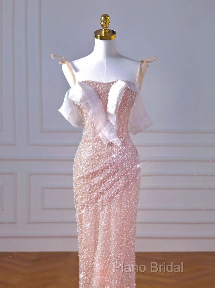 Sparkly Mermaid Straps Pink Tulle Pearls Long Formal Prom Dresses