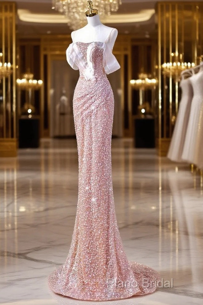 Sparkly Mermaid Straps Pink Tulle Pearls Long Formal Prom Dresses Main image