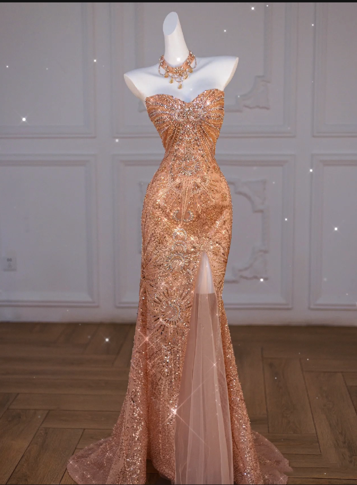 Sparkly Mermaid Sweetheart Sequin Long Slit Gold Formal Evening Dresses Formal Prom Dresses With Beads Secondary image