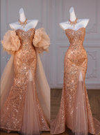 Sparkly Mermaid Sweetheart Sequin Long Slit Gold Formal Evening Dresses Formal Prom Dresses With Beads
