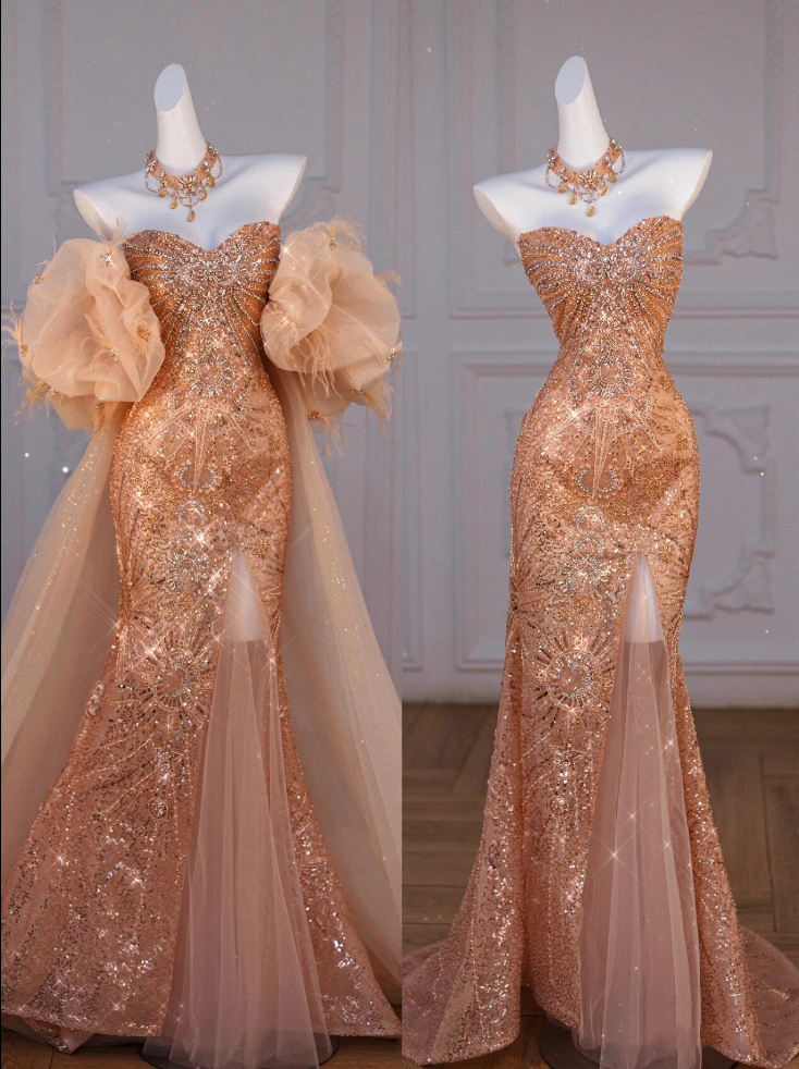 Sparkly Mermaid Sweetheart Sequin Long Slit Gold Formal Evening Dresses Formal Prom Dresses With Beads