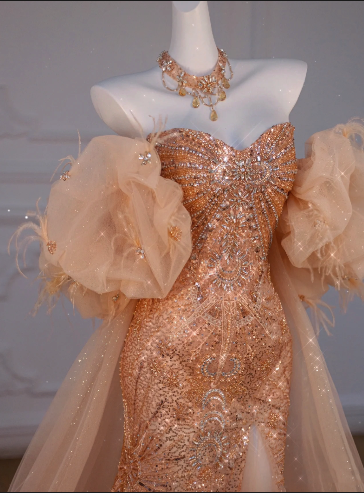 Sparkly Mermaid Sweetheart Sequin Long Slit Gold Formal Evening Dresses Formal Prom Dresses With Beads