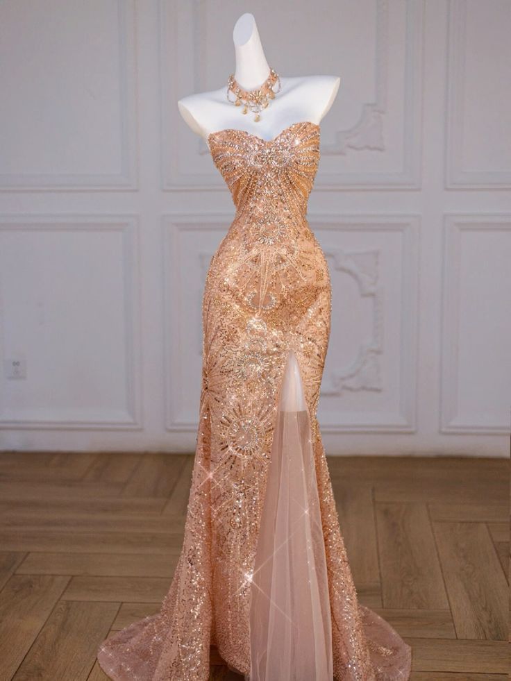 Sparkly Mermaid Sweetheart Sequin Long Slit Gold Formal Evening Dresses Formal Prom Dresses With Beads Main image