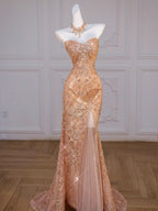 Sparkly Mermaid Sweetheart Sequin Long Slit Gold Formal Evening Dresses Formal Prom Dresses With Beads