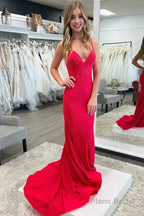 Sparkly Mermaid V Neck Beaded Satin Long Prom Dress
