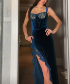 Sexy Slit Velvet Lace Long Formal Prom Dresses Formal Evening Dresses