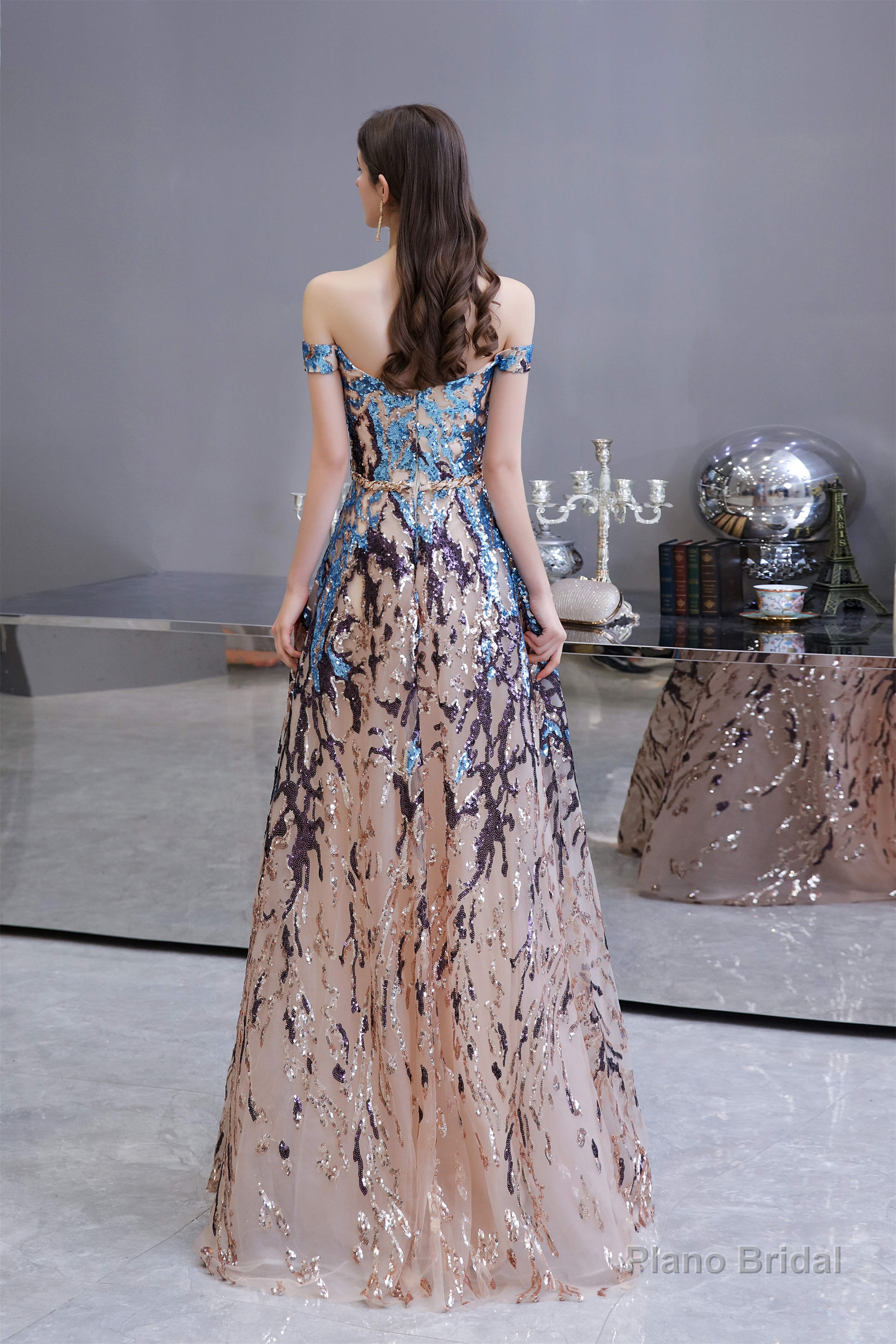 Sparkly Off-the-Shoulder Sequins A line Prom Dresses Floor Length