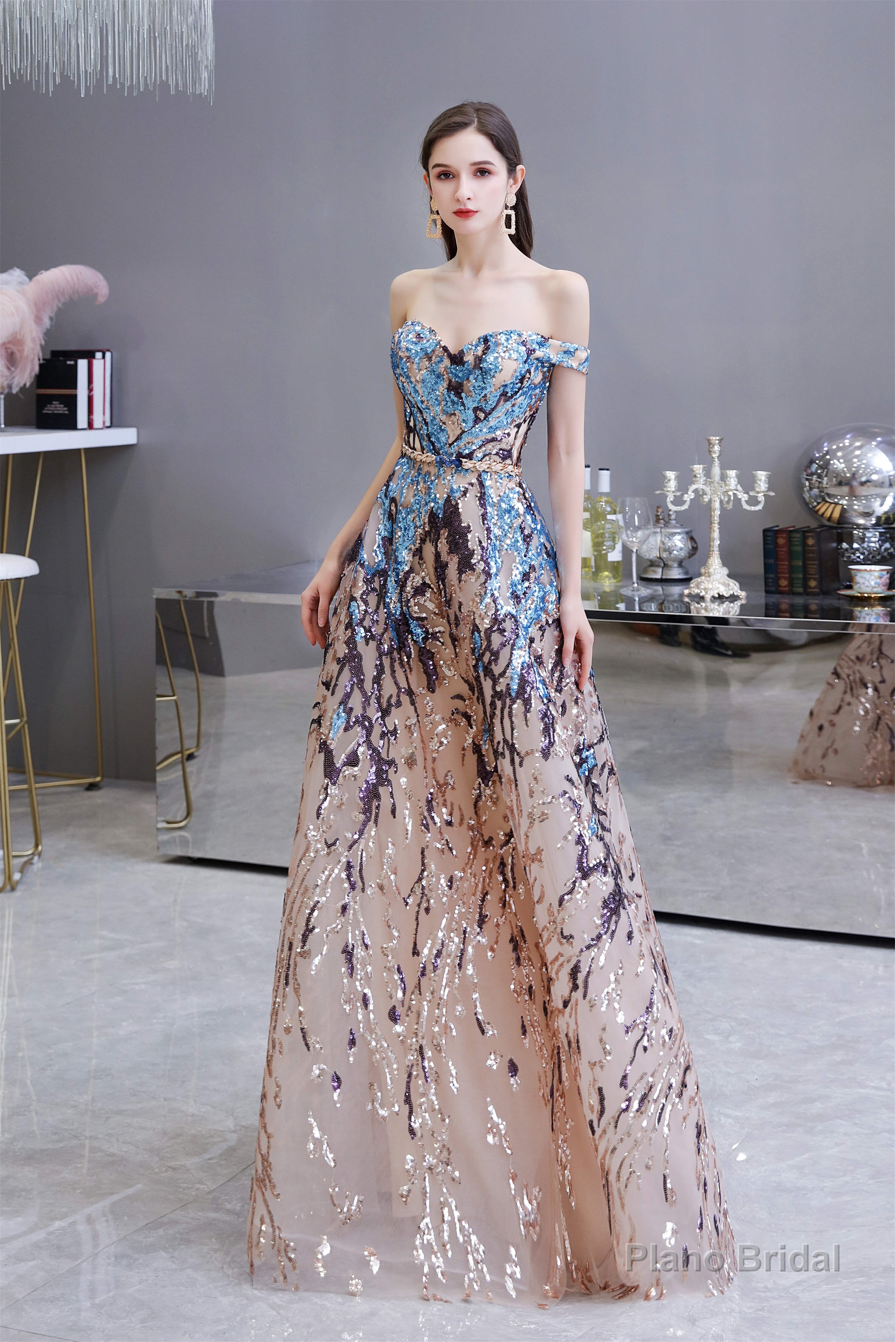 Sparkly Off-the-Shoulder Sequins A line Prom Dresses Floor Length Secondary image