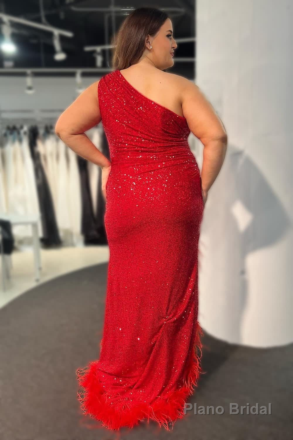 Sparkly One Shoulder Burgundy Sequins Long Prom Dress with Feathers Secondary image