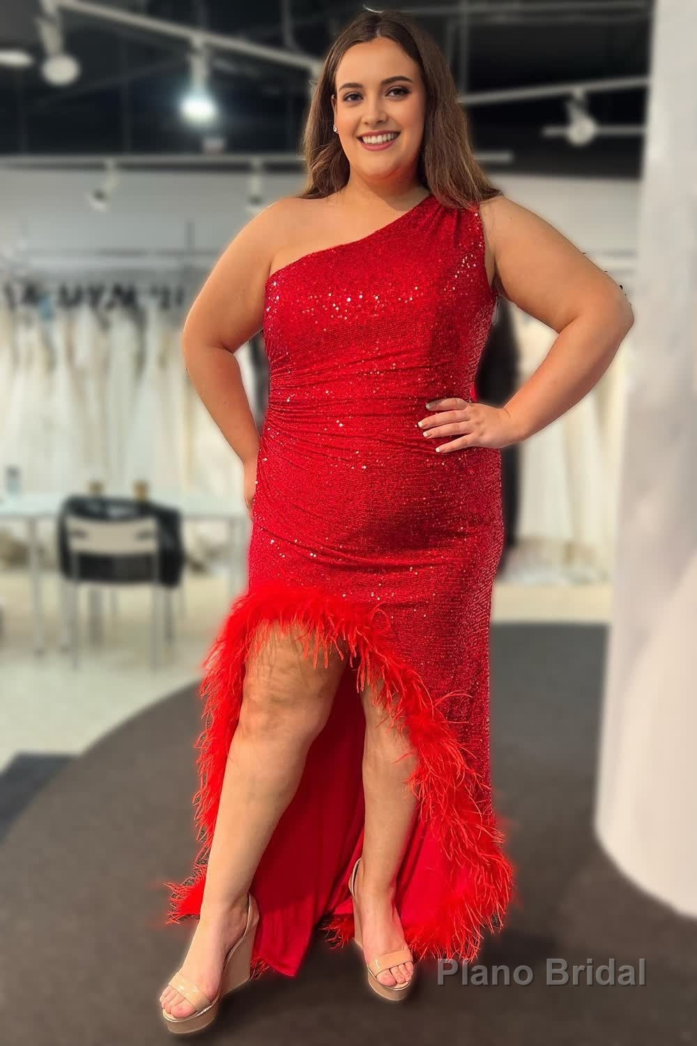 Sparkly One Shoulder Burgundy Sequins Long Prom Dress with Feathers Main image