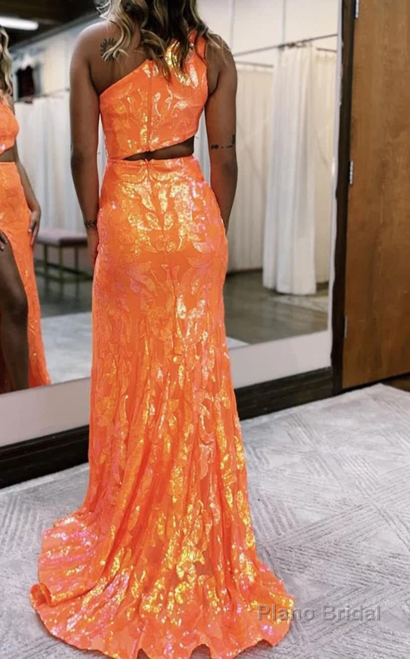 Sparkly Orange Sequin One Shoulder Long Prom Dress with Slit Secondary image