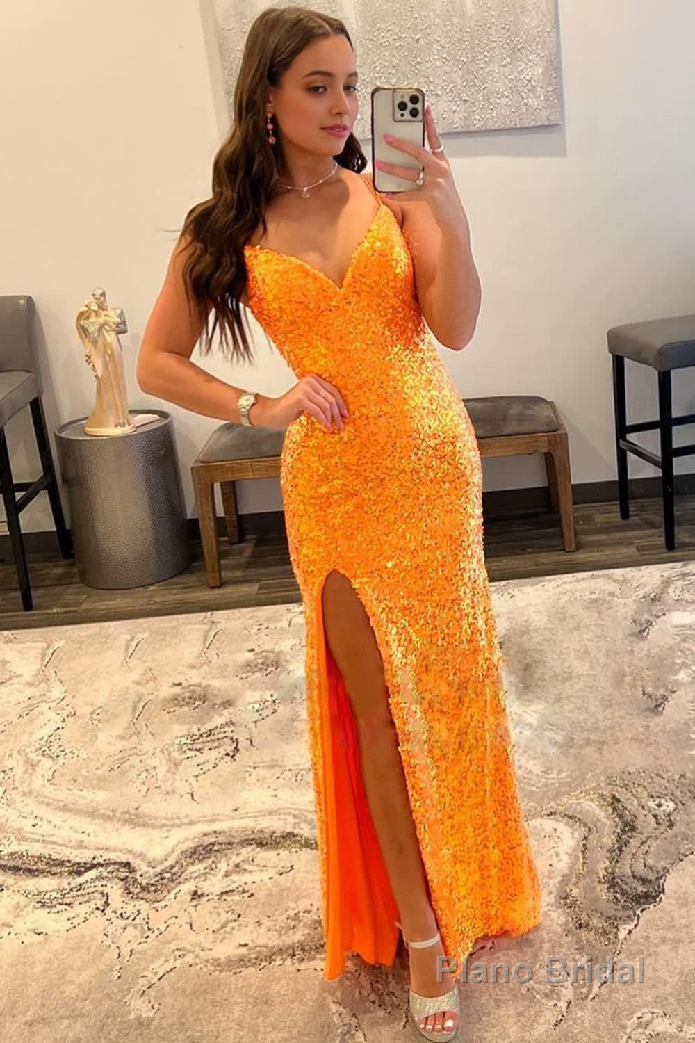 Sparkly Orange Sequins Long Prom Dress with Slit Main image