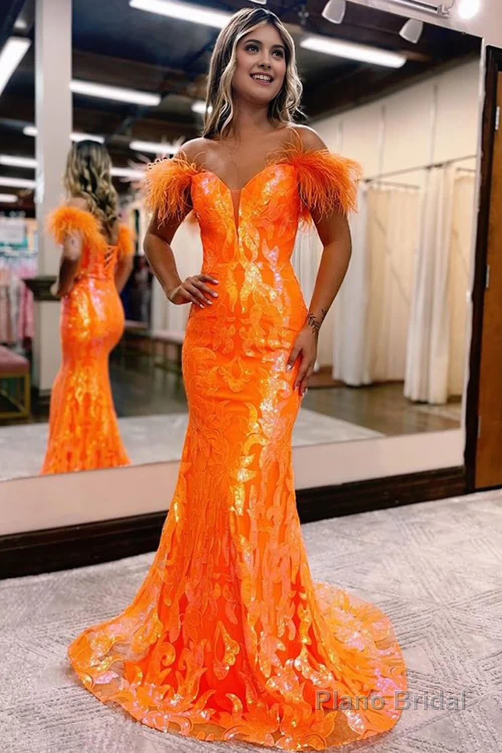 Sparkly Orange Sequins Off the Shoulder Mermaid Long Prom Dress with Feathers Main image
