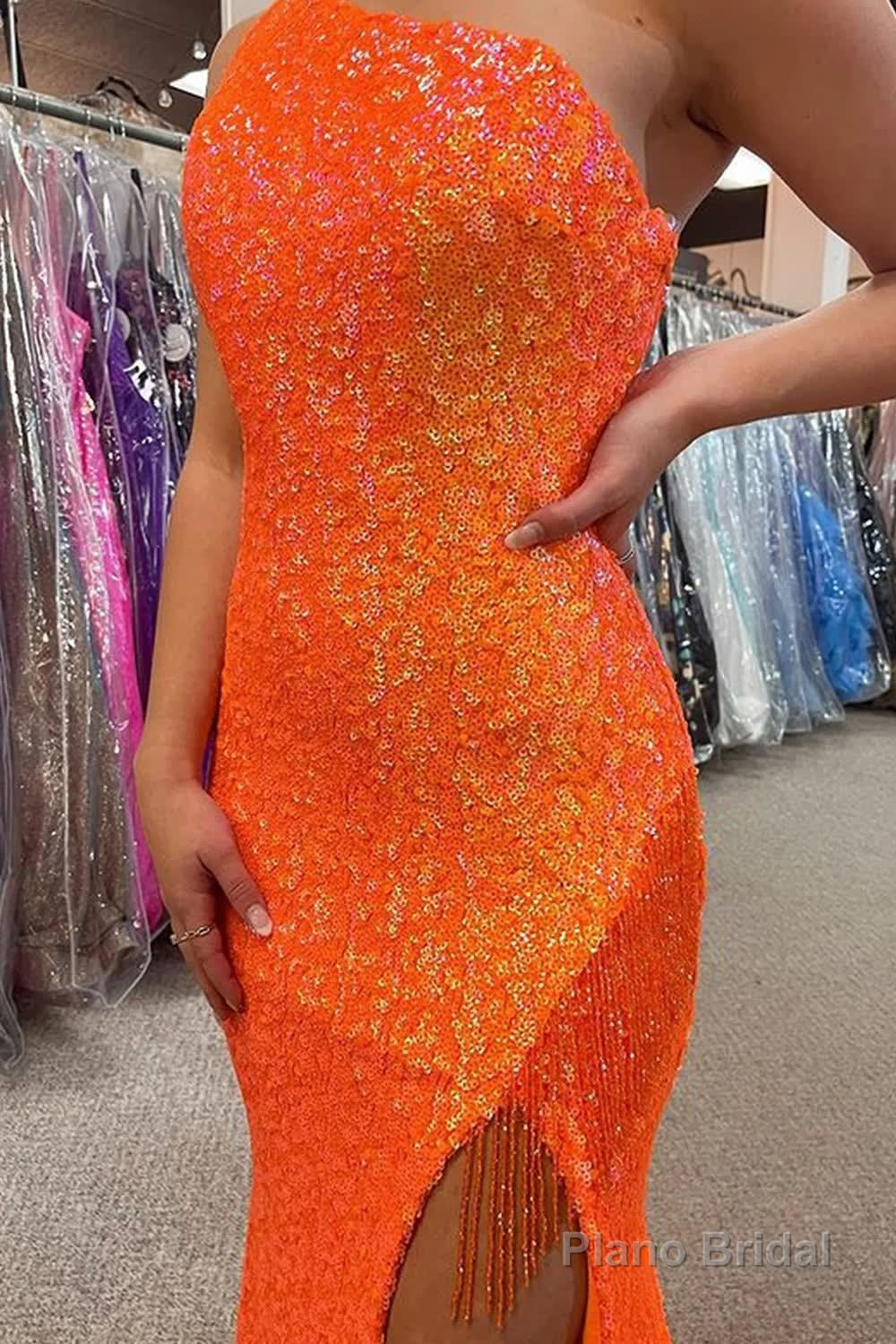 Sparkly Orange Sequins One Shoulder Mermaid Long Prom Dress with Fringes Secondary image