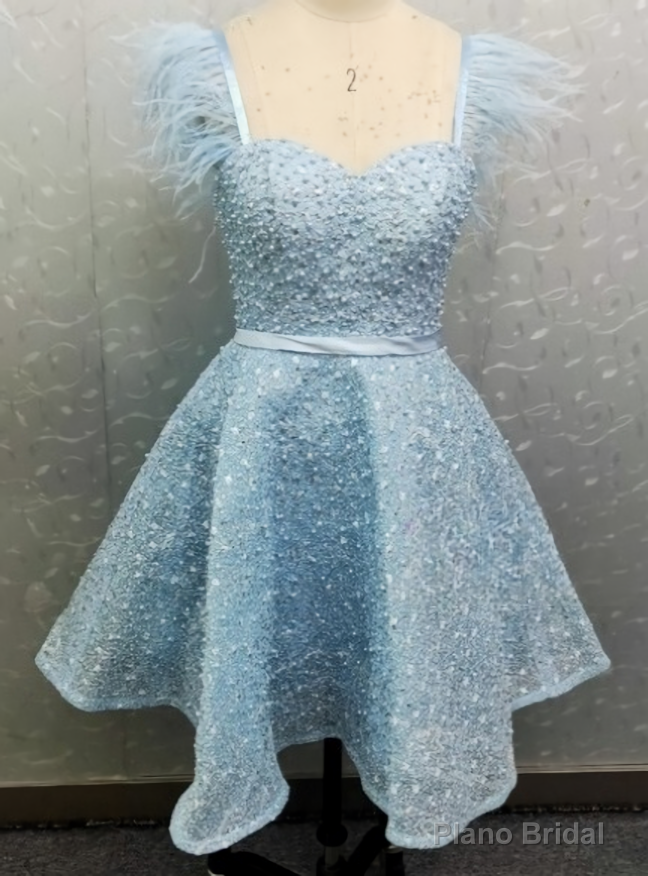 Sparkly Pink Beads Straps Homecoming Dress With Feather Main image