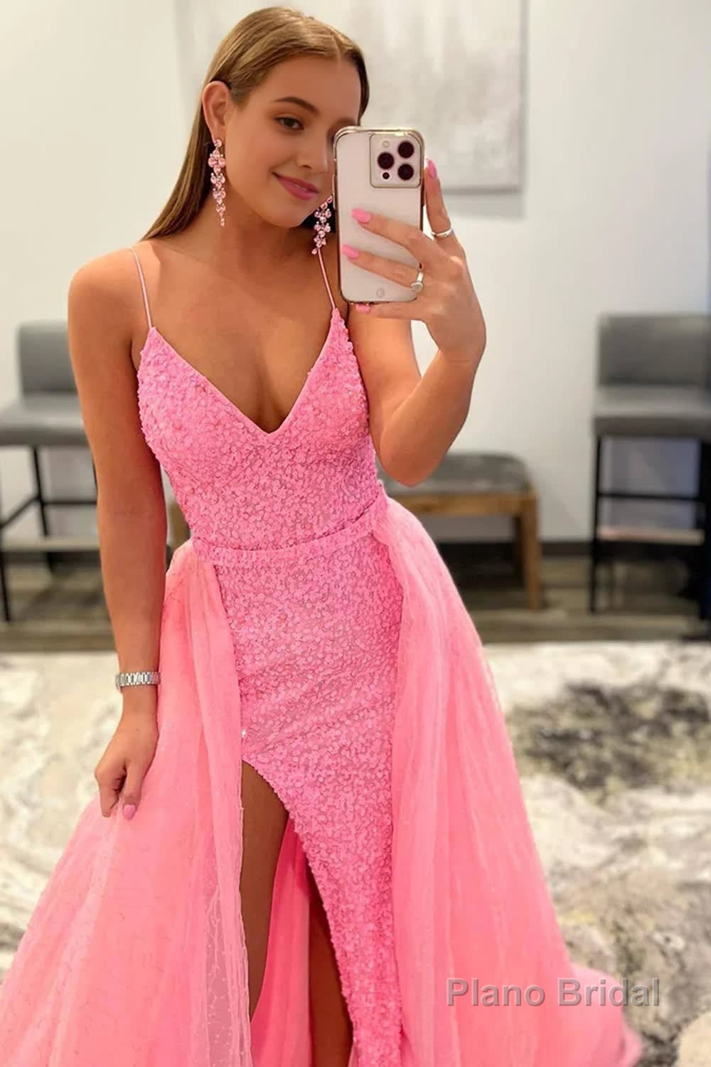 Sparkly Pink Detachable Train Sequins Prom Dress with Slit Main image