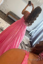 Sparkly Pink One Shoulder A Line Sequins Prom Dress