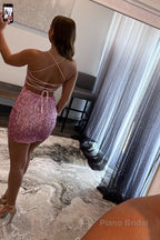 Sparkly Pink Spaghetti Straps Backless Sequins Tight Short Homecoming Dress