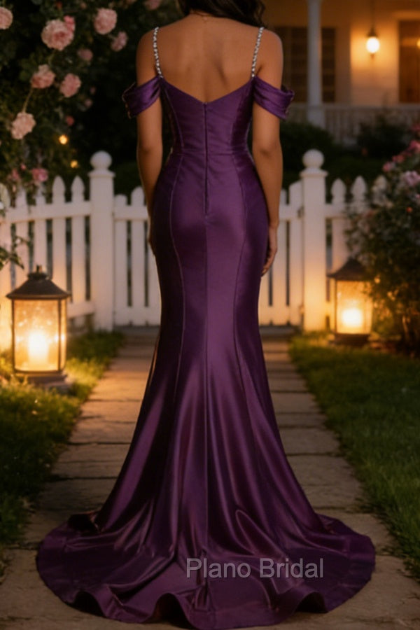 Sparkly Purple Mermaid Cold Shoulder Sequined Ruched Satin Long Prom Dress