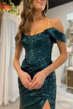 Sparkly Purple Off the Shoulder Mermaid Prom Dress with Slit