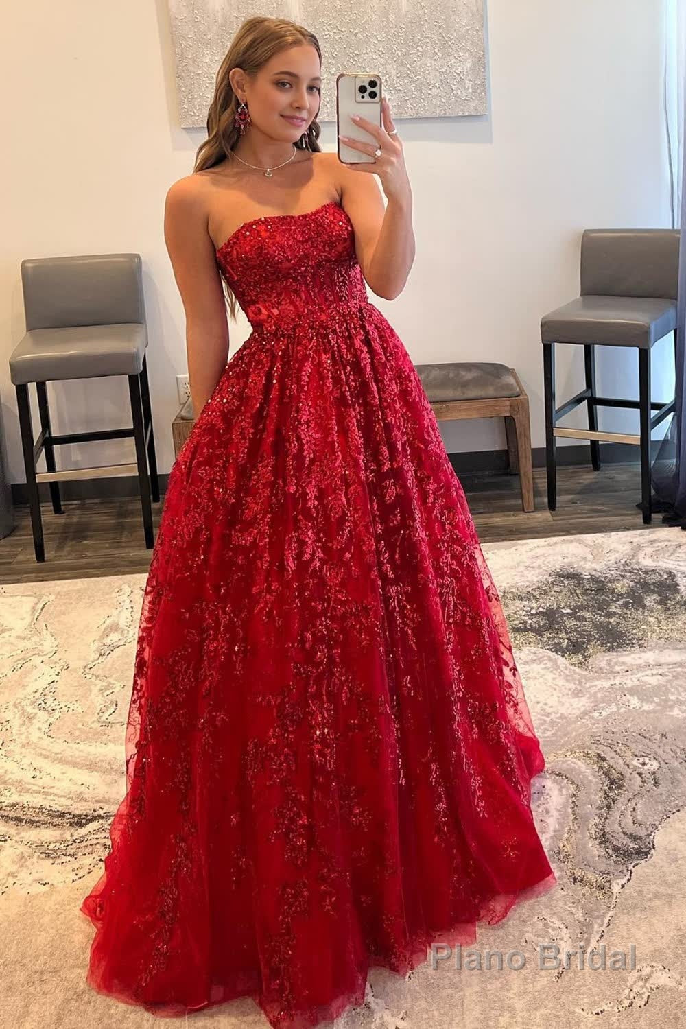 Sparkly Red Long Prom Dress with Pockets Main image