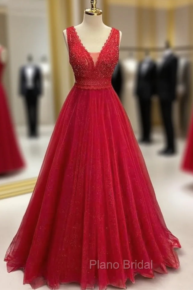 Sparkly Red Formal Prom Dresses, A-line Princess V Neck Long/Floor-Length Tulle Formal Prom Dresses With Appliqued Beading Glitter Main image