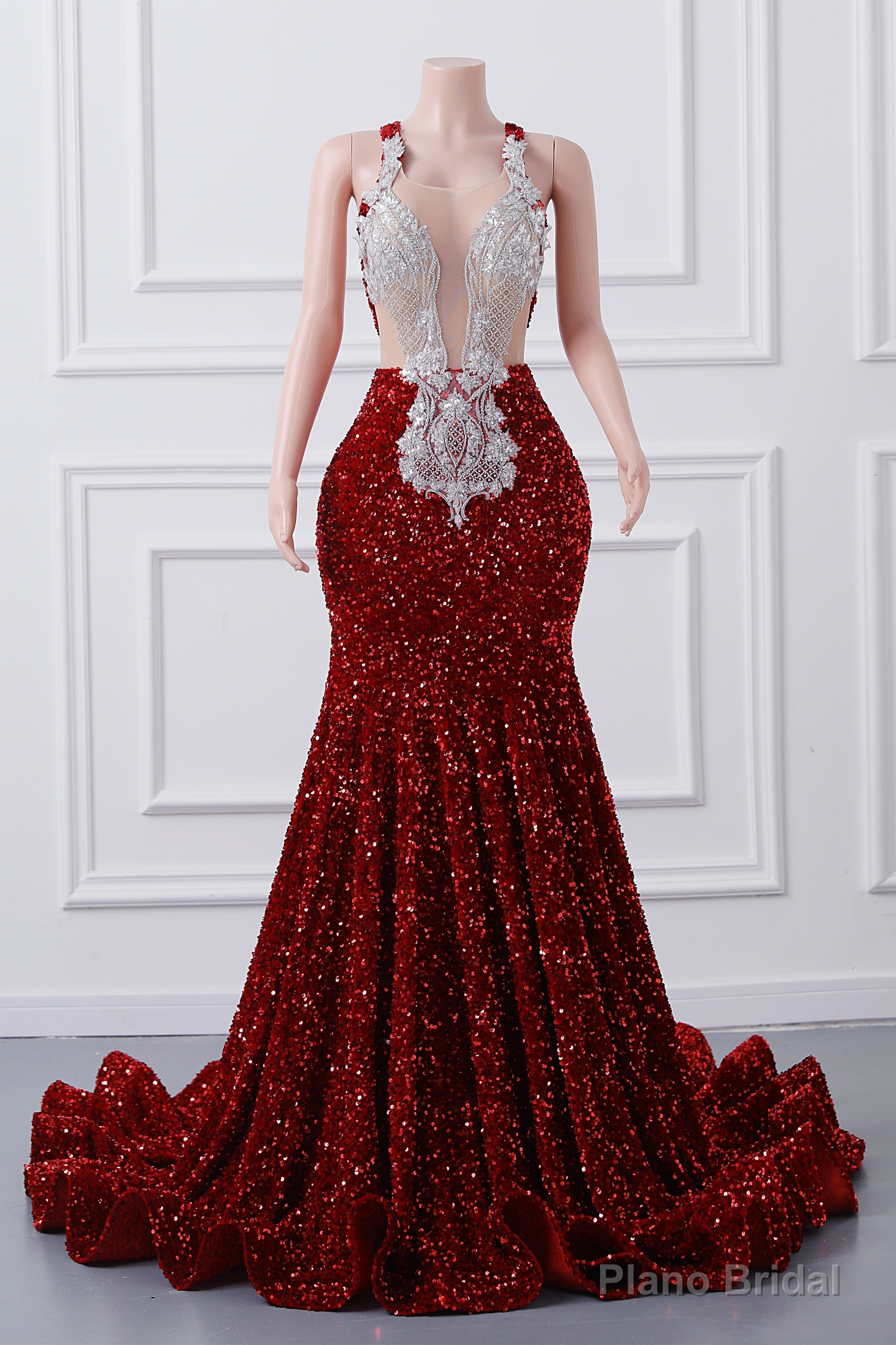 Sparkly Red Sequin Mermaid Prom Dresses Luxury Silver Crystal Beaded Sheer Neck Long Formal Party Evening Gowns for Black Girls Main image