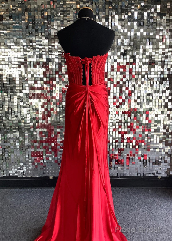 Red Sheath Strapless Corset Satin Prom Dress with Slit Secondary image