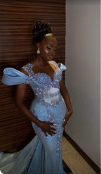 Sparkly Rhinestones Blue Mermaid Long Formal Prom Dresses Formal Evening Dresses