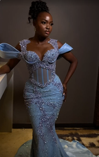 Sparkly Rhinestones Blue Mermaid Long Formal Prom Dresses Formal Evening Dresses