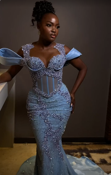Sparkly Rhinestones Blue Mermaid Long Formal Prom Dresses Formal Evening Dresses