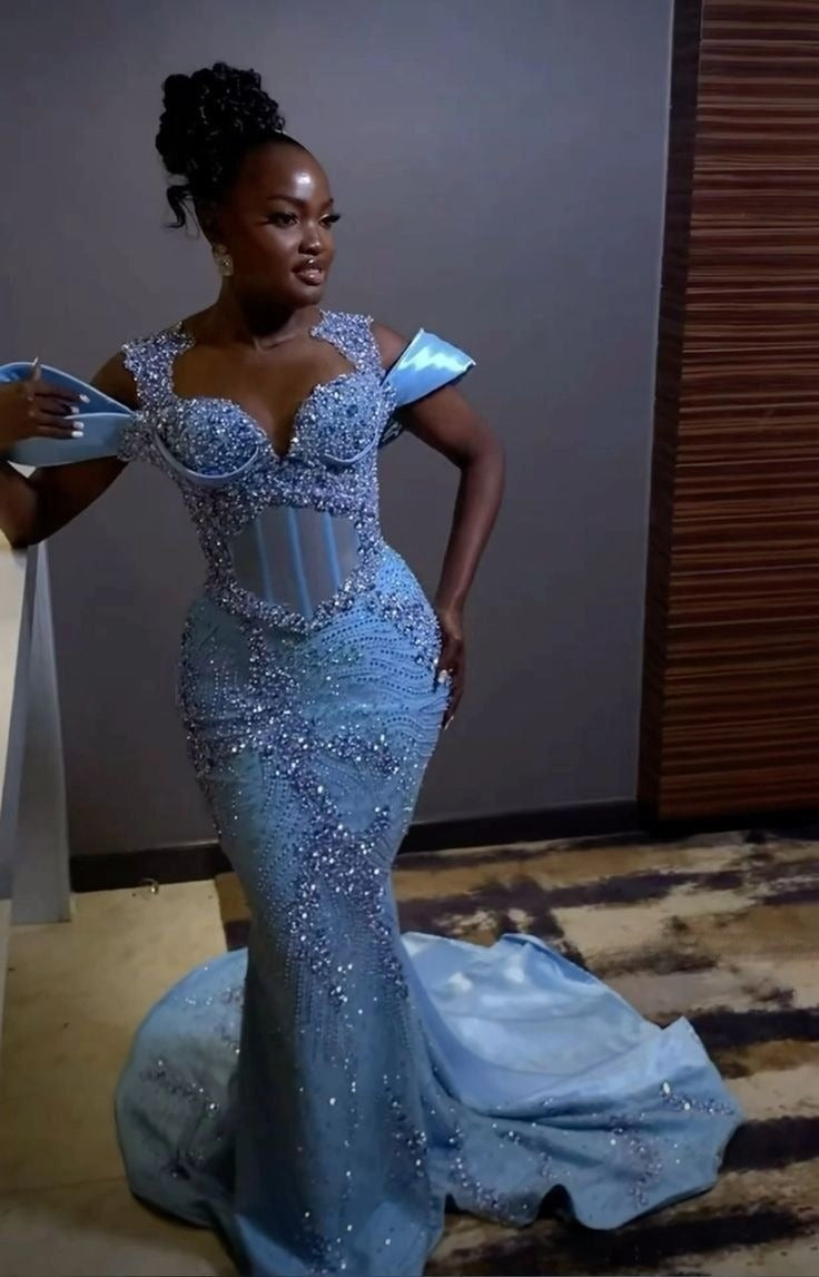 Sparkly Rhinestones Blue Mermaid Long Formal Prom Dresses Formal Evening Dresses